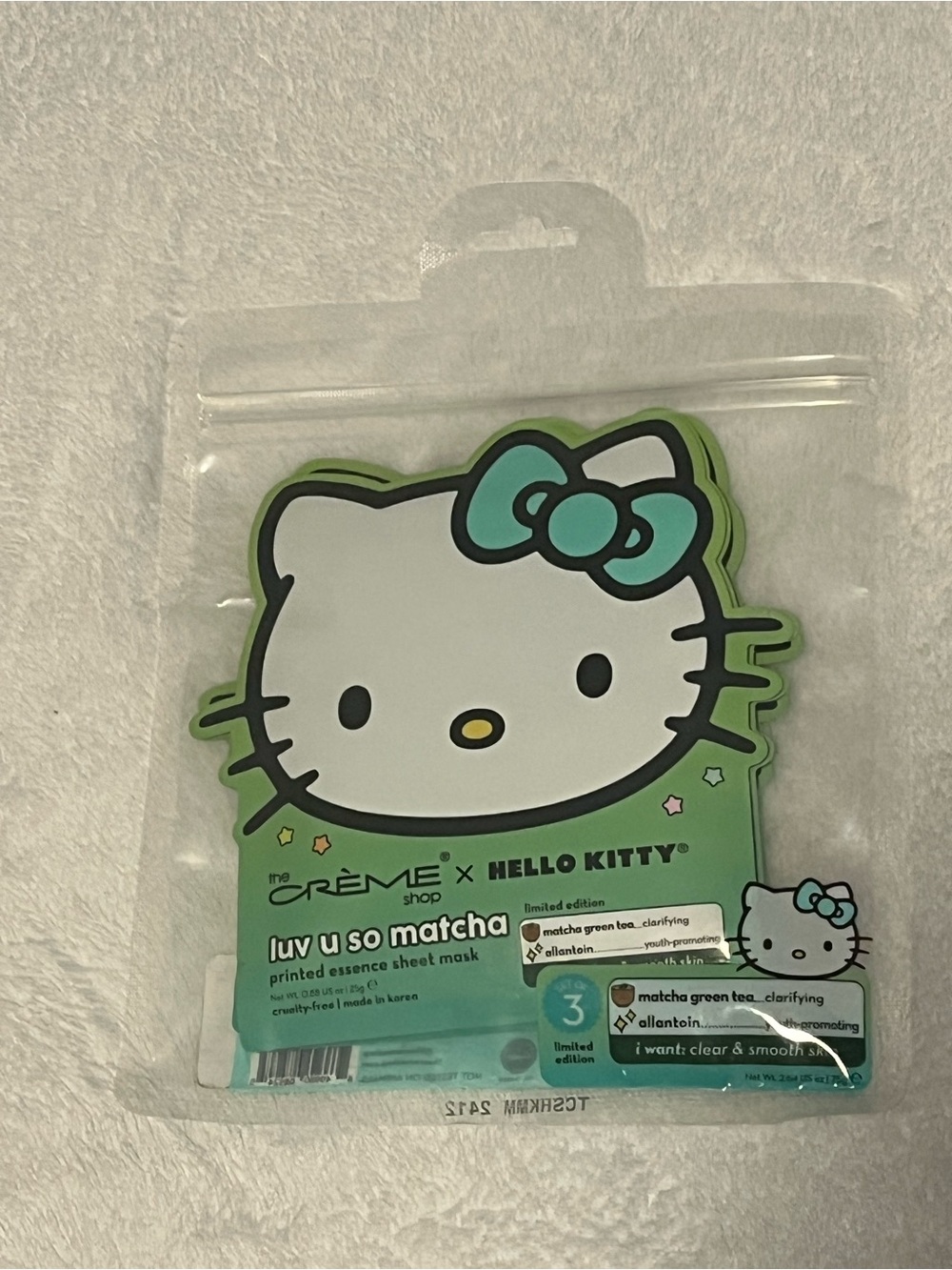 Hello Kitty Green and White Matcha Sheet Mask Packaging 3 pack
